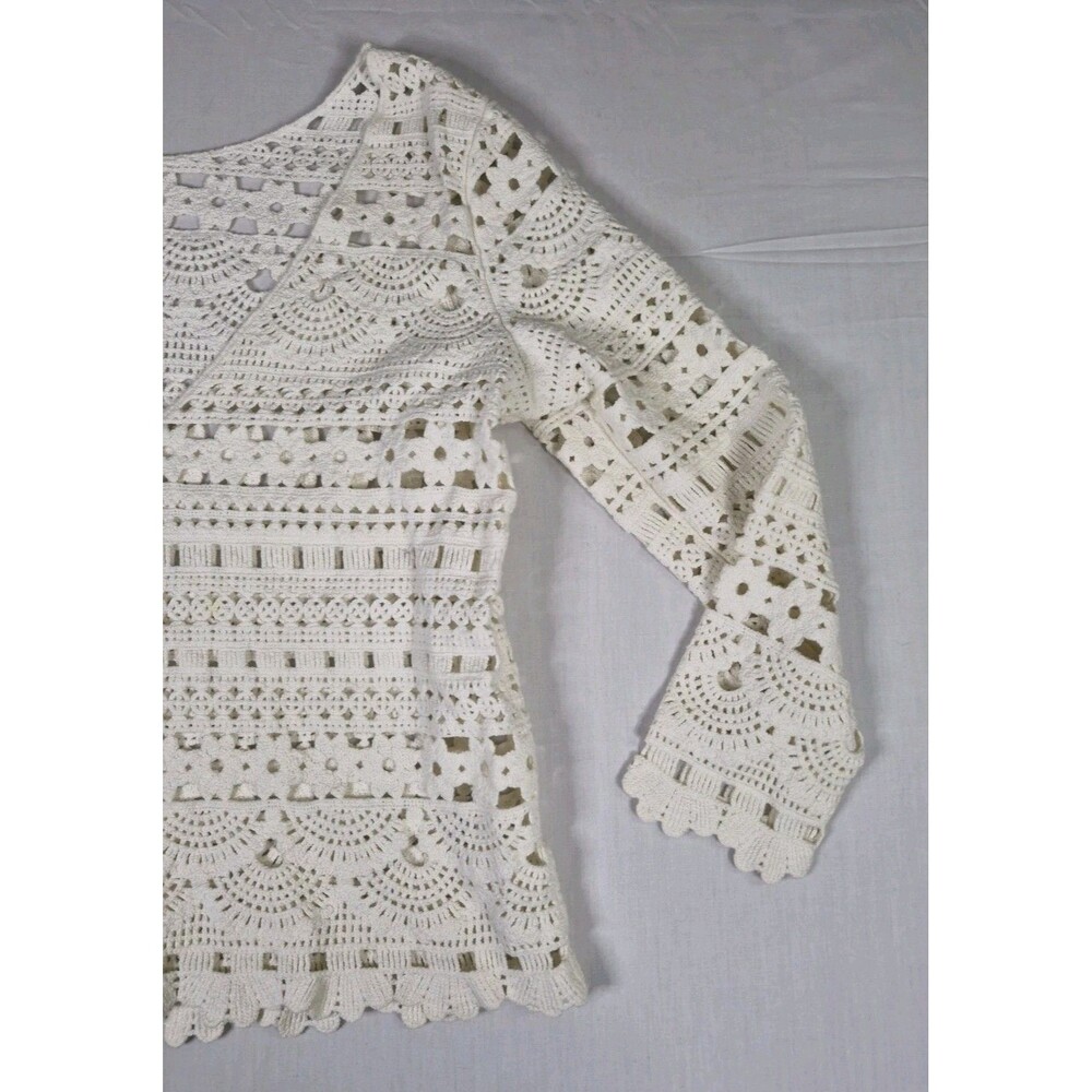 Sezane Top Women's Size Medium White Beige Cotton Long Sleeve Crochet Knit - Picture 7 of 11